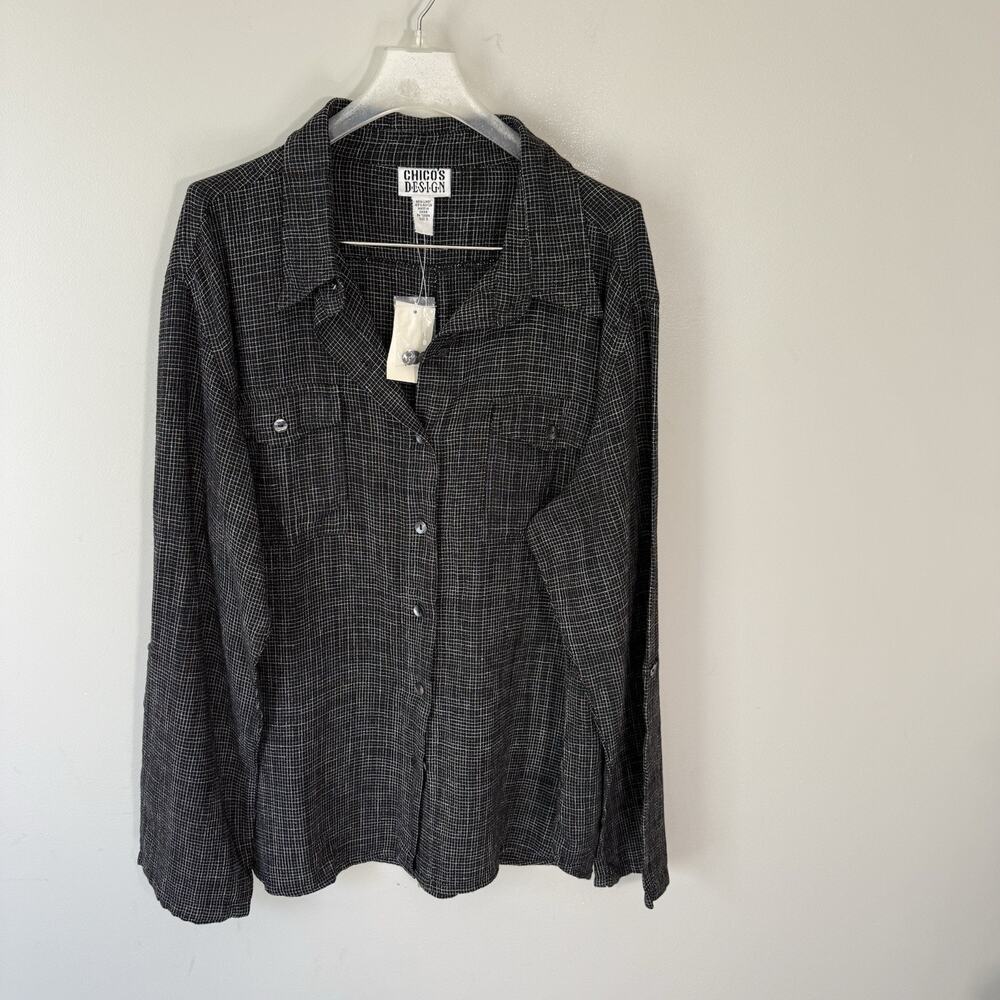 Chico's Sz 3 US XL Bazaar Mohave Button Tab Long Sleeve Top Blouse Linen Black